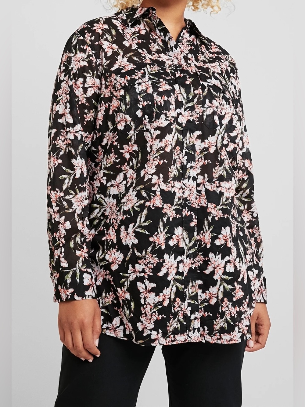 Lauren Ralph Lauren Floral Button Up Shirt Black Size 3X Plus Semi Sheer Office
